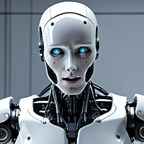 Home 11 A robot awkwardly mimicking human emotions, striving to connect but falling short due to its programmed nature, set against a backdrop of technological advancement.