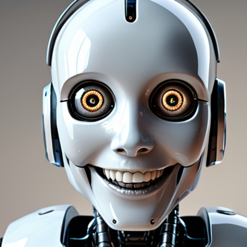 Home 6 A robot with an awkward, forced smile, symbolizing the artificiality of AI emotions.