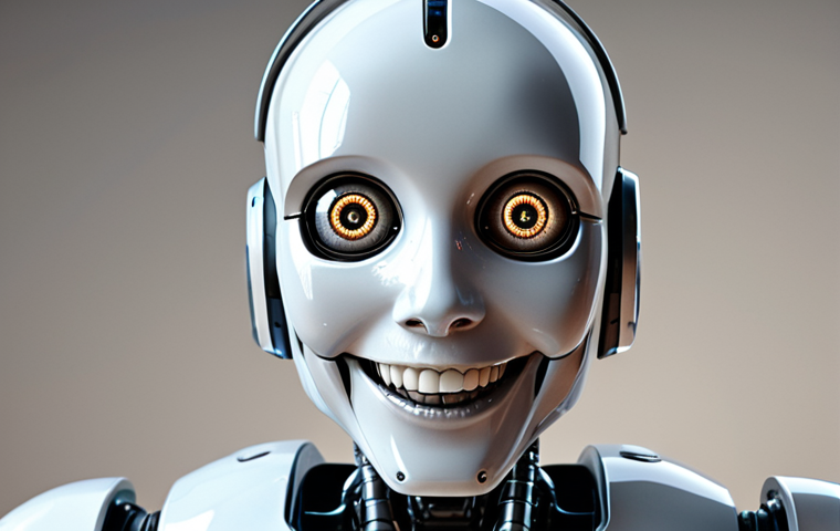 A robot with an awkward, forced smile, symbolizing the artificiality of AI emotions.