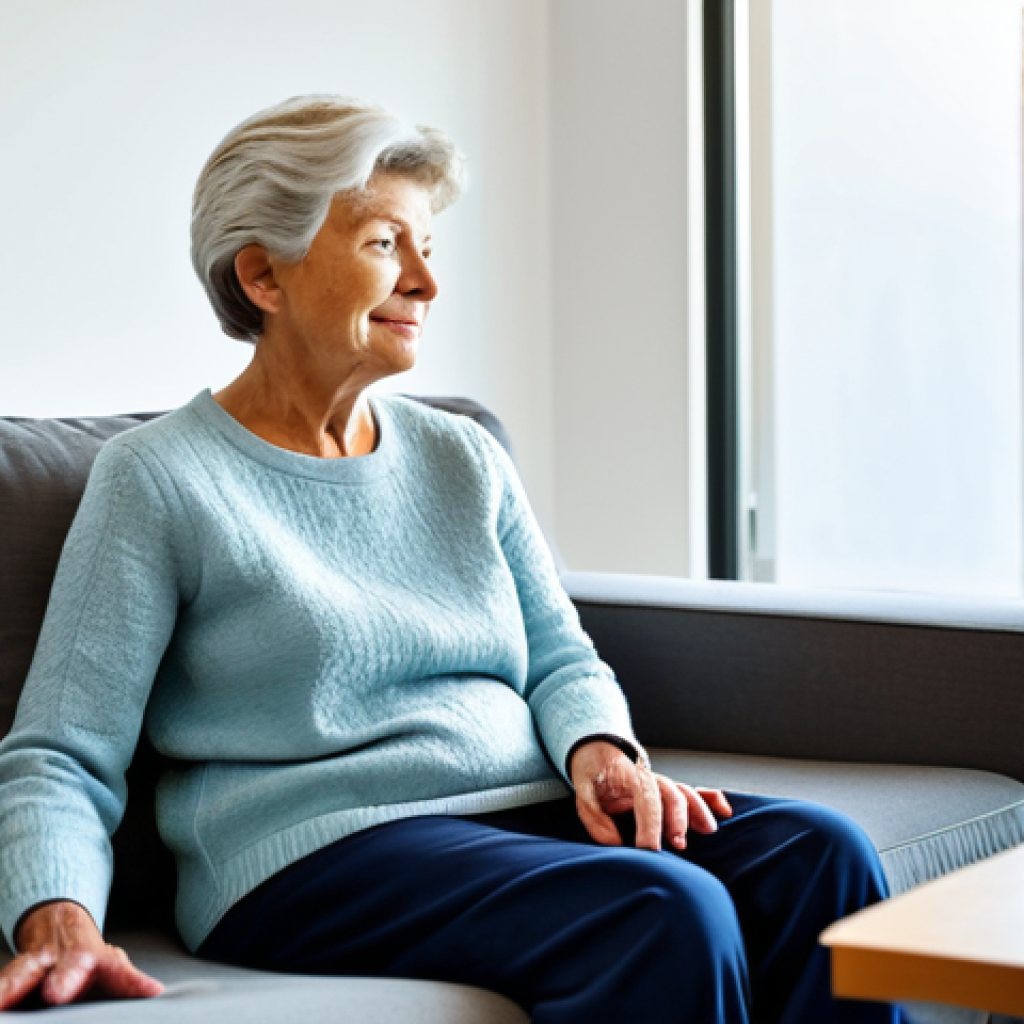 An elderly woman in a comfortable, modest sweater and trousers, sitting in a cozy, brightly lit living room. A sleek, modern healthcare robot, professional in appearance, is gently taking her blood pressure with integrated sensors. The woman looks calm and reassured. The background shows a peaceful home environment with natural light. Fully clothed, modest clothing, appropriate attire, professional dress, perfect anatomy, correct proportions, natural pose, well-formed hands, proper finger count, natural body proportions, safe for work, appropriate content, family-friendly, high-quality photograph, realistic.