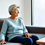 An elderly woman in a comfortable, modest sweater and trousers, sitting in a cozy, brightly lit living room. A sleek, modern healthcare robot, professional in appearance, is gently taking her blood pressure with integrated sensors. The woman looks calm and reassured. The background shows a peaceful home environment with natural light. Fully clothed, modest clothing, appropriate attire, professional dress, perfect anatomy, correct proportions, natural pose, well-formed hands, proper finger count, natural body proportions, safe for work, appropriate content, family-friendly, high-quality photograph, realistic.