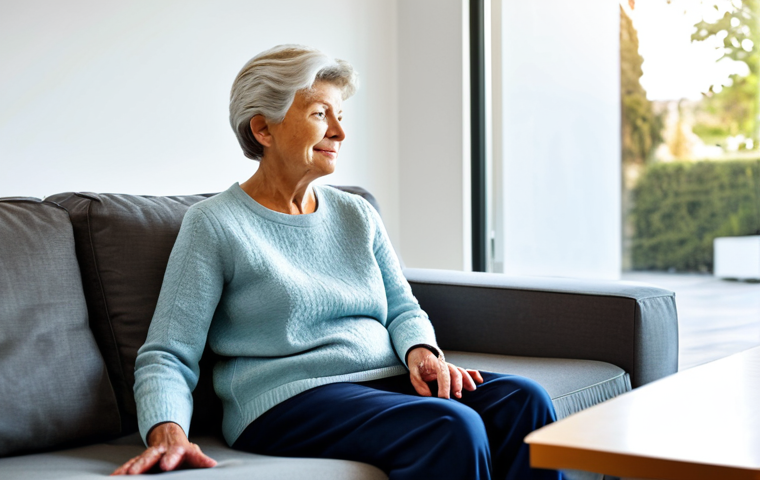 An elderly woman in a comfortable, modest sweater and trousers, sitting in a cozy, brightly lit living room. A sleek, modern healthcare robot, professional in appearance, is gently taking her blood pressure with integrated sensors. The woman looks calm and reassured. The background shows a peaceful home environment with natural light. Fully clothed, modest clothing, appropriate attire, professional dress, perfect anatomy, correct proportions, natural pose, well-formed hands, proper finger count, natural body proportions, safe for work, appropriate content, family-friendly, high-quality photograph, realistic.