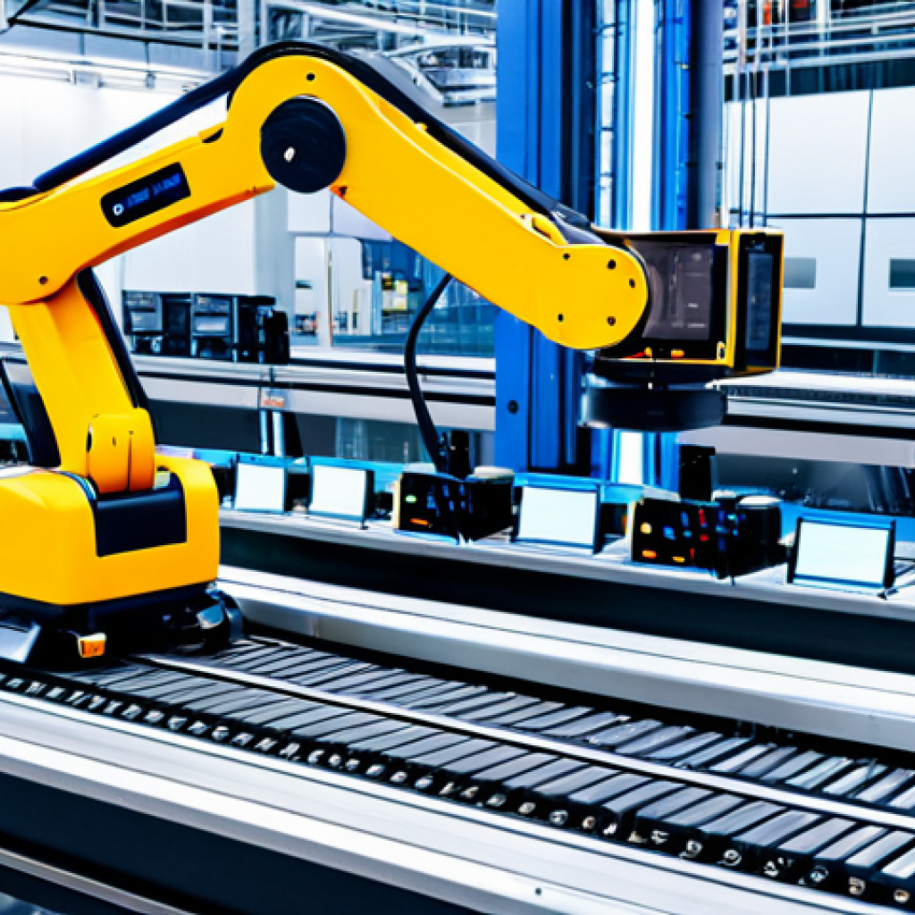 Smart Factory with 6G Robots**
"A bright, modern smart factory with robotic arms assembling products on a conveyor belt, fully clothed engineers monitoring the process, advanced sensors and data displays visible, appropriate attire, safe for work, perfect anatomy, correct proportions, professional industrial photography, high quality, modest technology showcase"
**