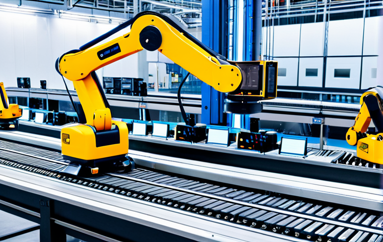 Smart Factory with 6G Robots**
"A bright, modern smart factory with robotic arms assembling products on a conveyor belt, fully clothed engineers monitoring the process, advanced sensors and data displays visible, appropriate attire, safe for work, perfect anatomy, correct proportions, professional industrial photography, high quality, modest technology showcase"
**