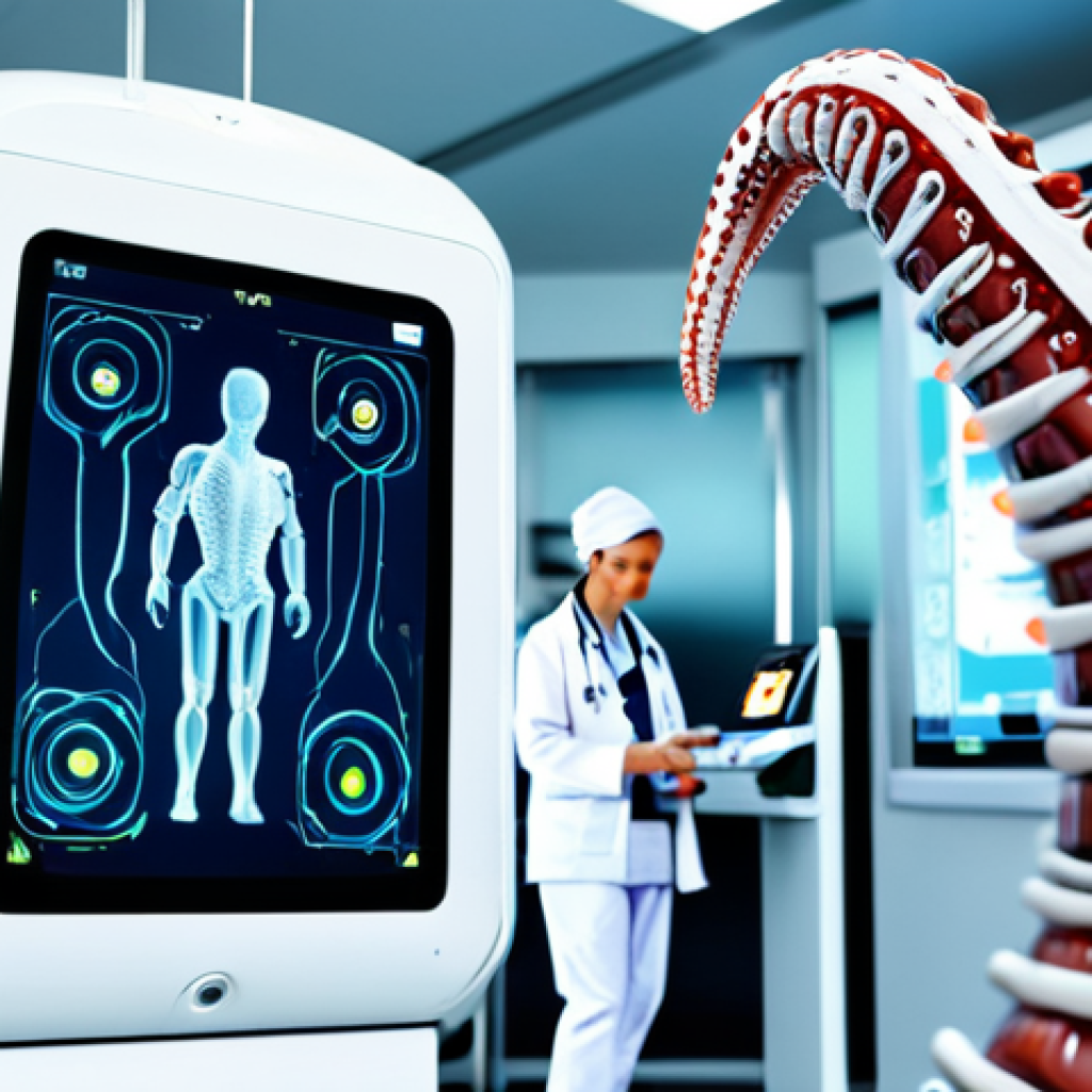 Medical Soft Robot**

A flexible soft robot, resembling a tentacle, navigating inside a human body (internal view, slightly blurred background). The robot is white and seamless, delivering a small capsule. Fully clothed doctors in the background monitor screens. Safe for work, appropriate content, medical technology, perfect anatomy (internal organs stylized), modest. Professional, high quality rendering.

**