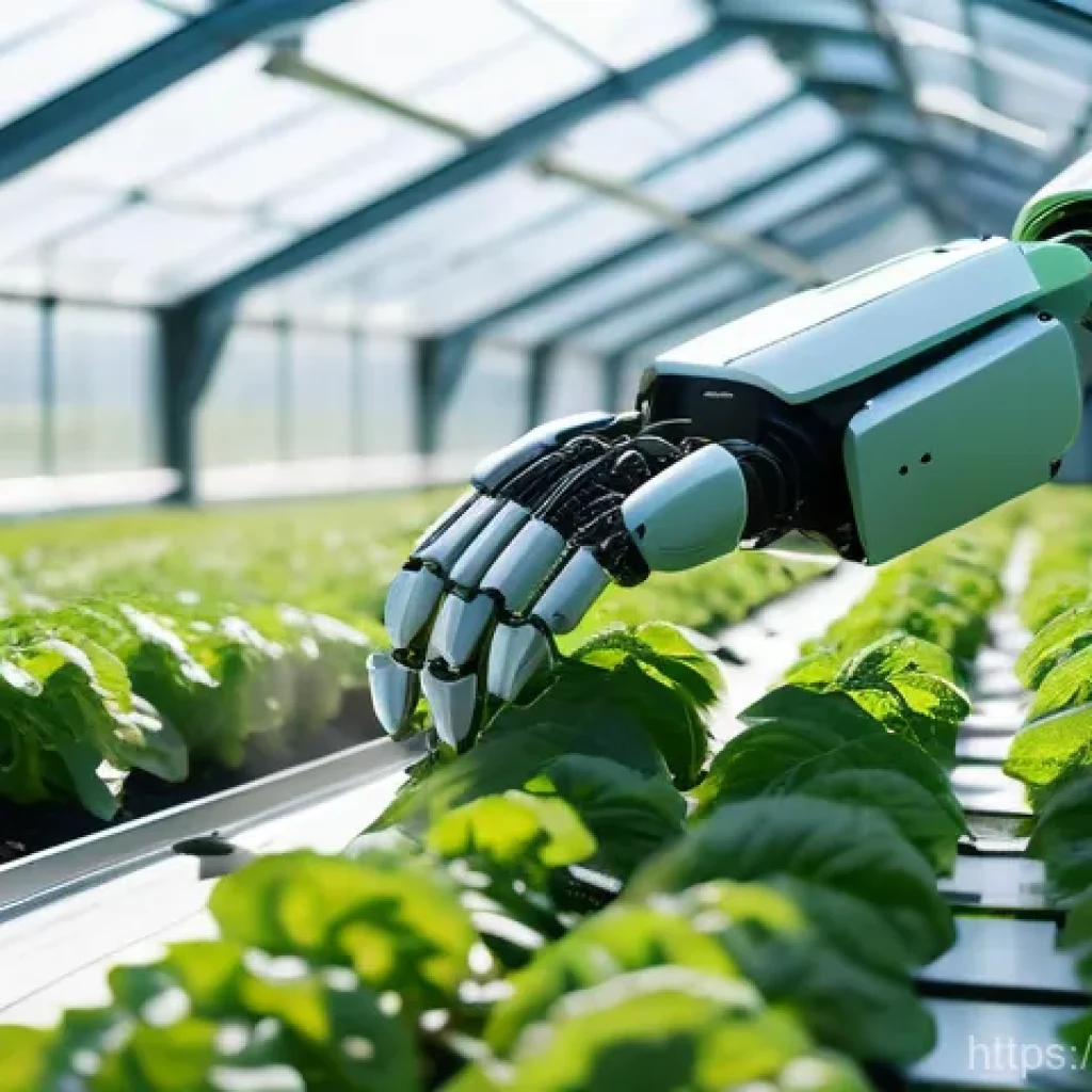 로봇 지능형 시스템 - A close-up shot of a multi-robot arm system delicately harvesting perilla leaves in a sunlit smart g...
