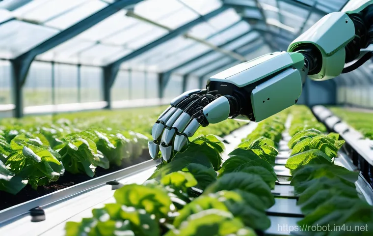 로봇 지능형 시스템 - A close-up shot of a multi-robot arm system delicately harvesting perilla leaves in a sunlit smart g...