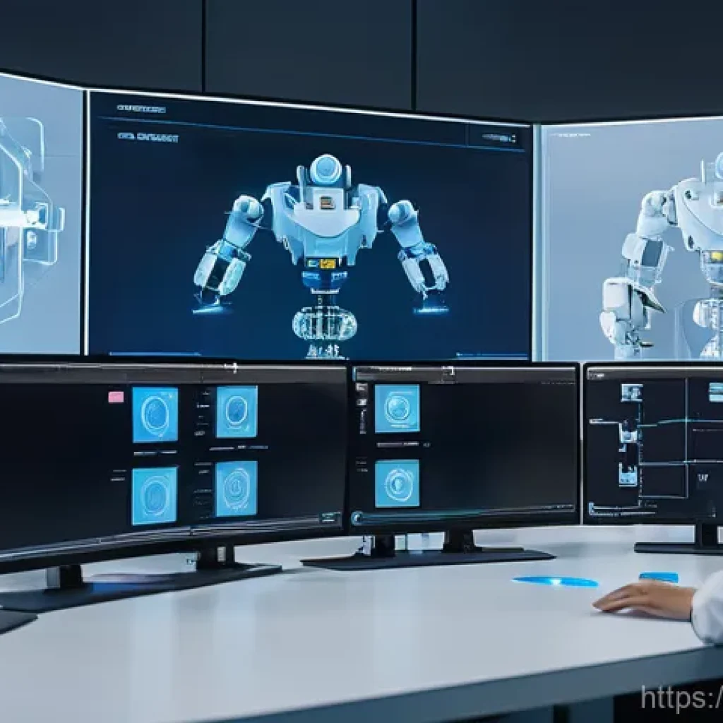 로봇 시뮬레이션 툴 - A diverse team of engineers and scientists in a modern, brightly lit research lab, collaborating aro...