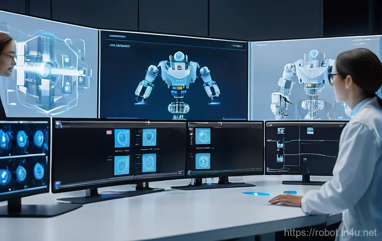 로봇 시뮬레이션 툴 - A diverse team of engineers and scientists in a modern, brightly lit research lab, collaborating aro...