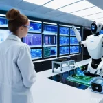 로봇공학 실험실 구축 - **Prompt:** A futuristic, brightly lit robotics laboratory bustling with activity. In the foreground...