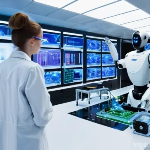 Home 28 로봇공학 실험실 구축 - **Prompt:** A futuristic, brightly lit robotics laboratory bustling with activity. In the foreground...