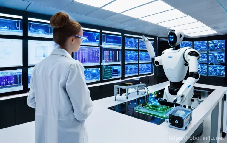 로봇공학 실험실 구축 - **Prompt:** A futuristic, brightly lit robotics laboratory bustling with activity. In the foreground...