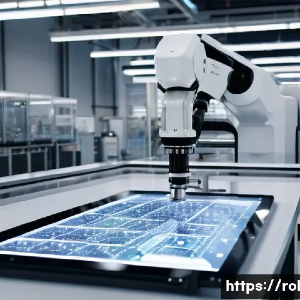 로봇 공학 실습 장비 - **Industrial Robot Precision in a Smart Factory:**
A highly detailed, wide shot of a futuristic,...