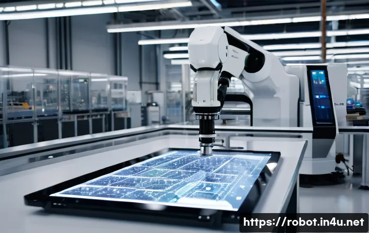 로봇 공학 실습 장비 - **Industrial Robot Precision in a Smart Factory:**
A highly detailed, wide shot of a futuristic,...